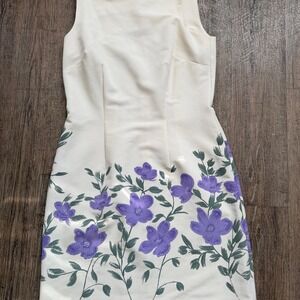 Caren Desiree Company CDC Purple Floral Border Sheath Dress Ivory Cream Size 10‎